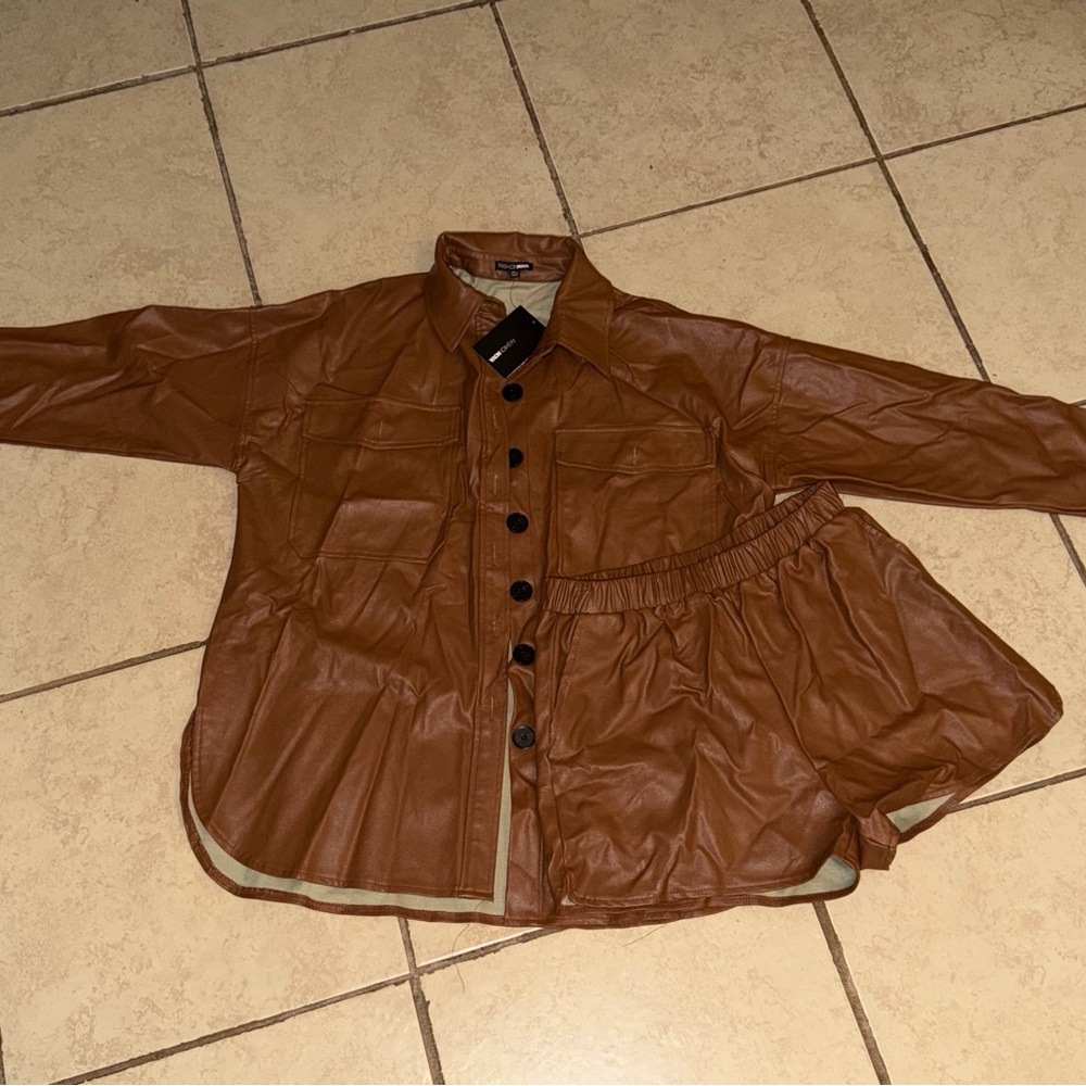 Fashion Nova Brown Leather Shirt and Shorts Set
